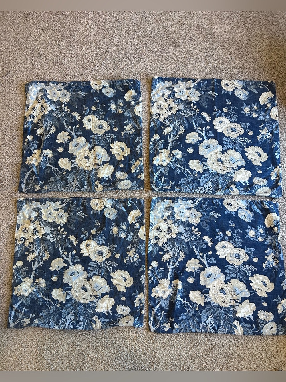 Pottery Barn Blue and Cream Floral Linen-Cotton Pillow Cover with Zipper - Picture 2 of 6